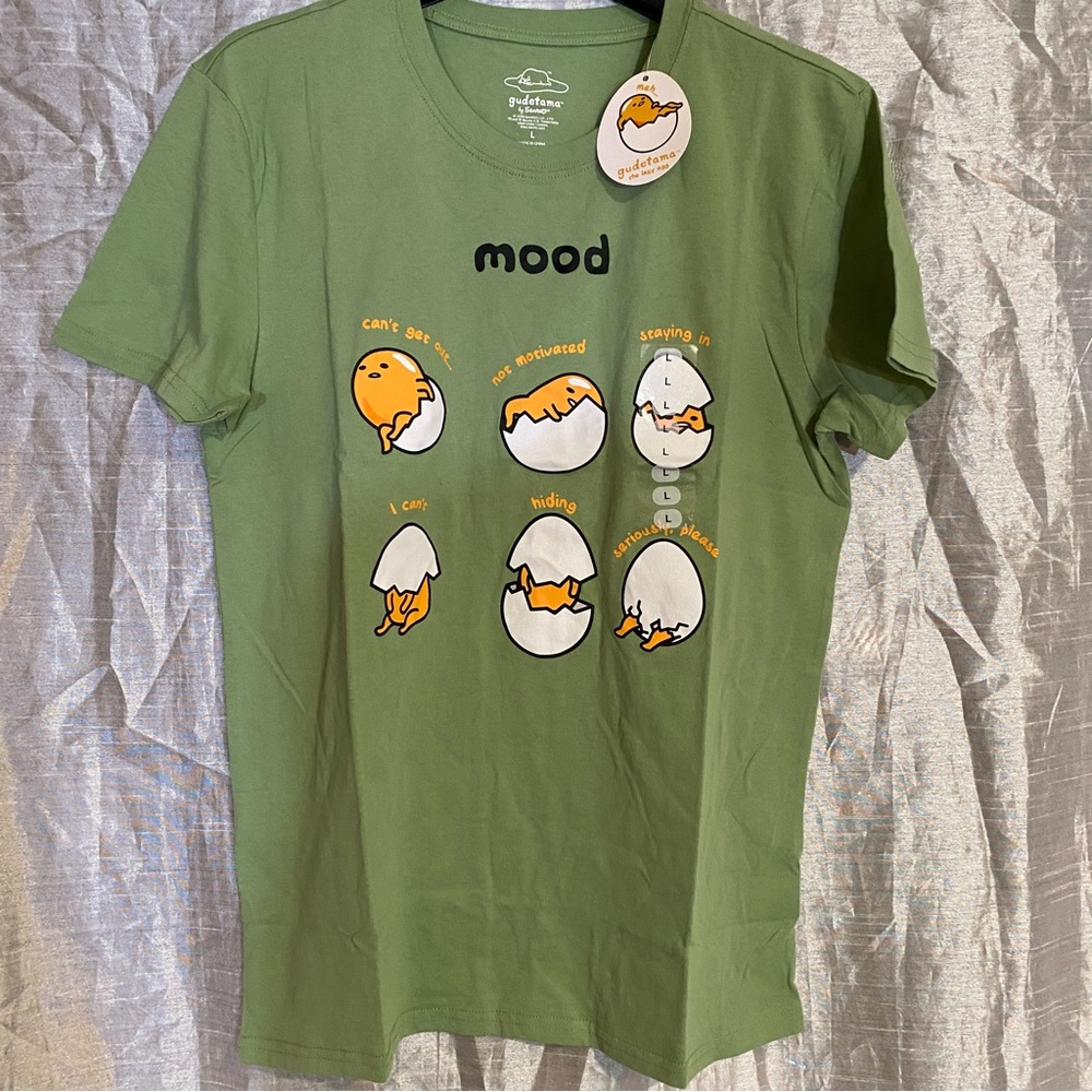 Gudetama. Sanrio Mood shirt SZ L NWT “Meh” Sad Egg!